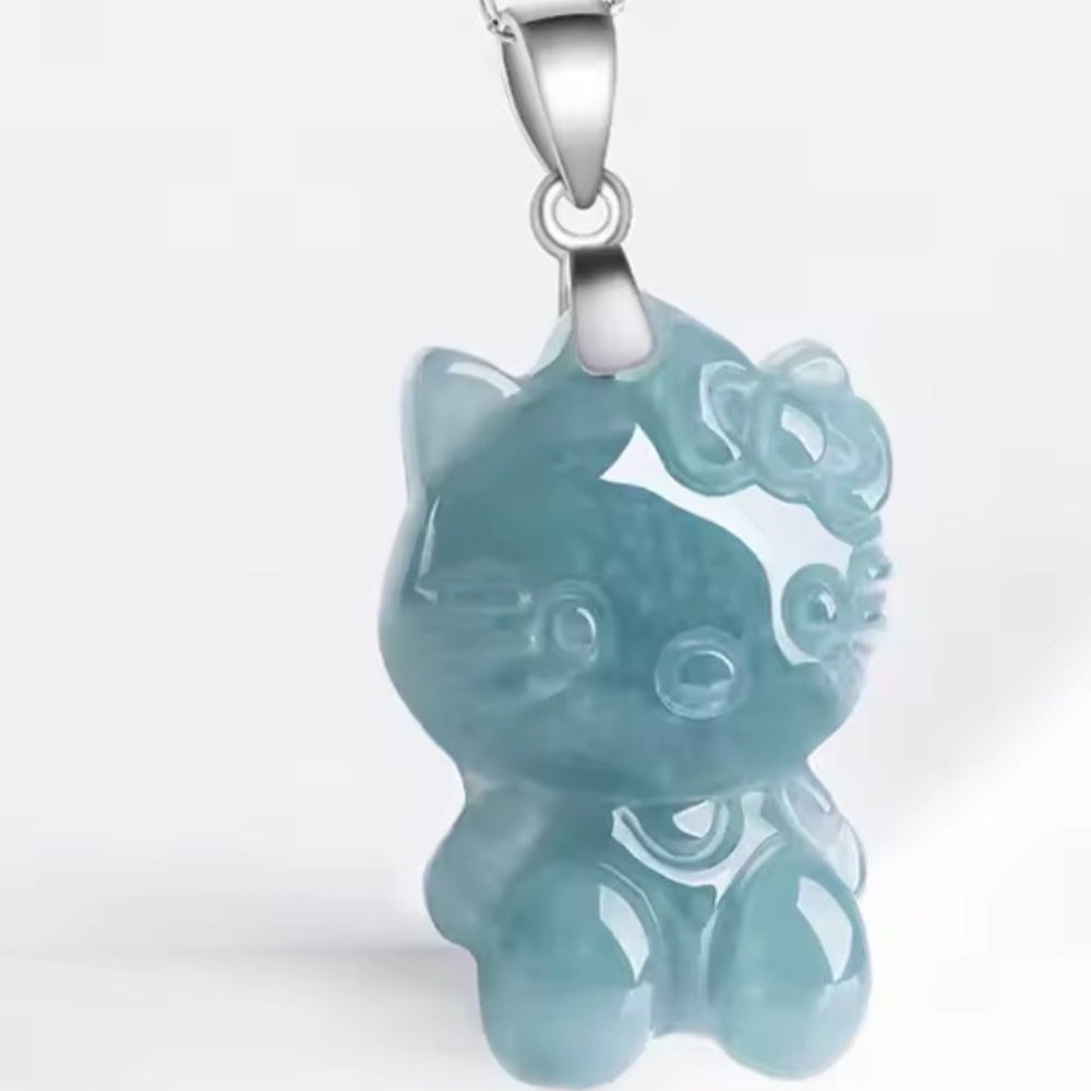 Sterling Silver blue water jade hello kitty Cat Pendant with Necklace